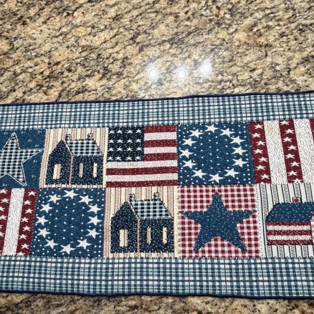 David Carter Brown Americana Tapestry Table Runner Patriotic Folk Art Primitive